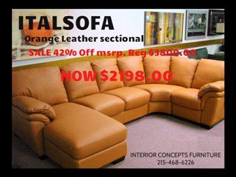 Italsofa-Orange-leather-sectional-i130-Sale-Now $2198.00, Italsofa Orange leather Sectional Regular price: $3,800.00 Sale price: $2,849.00. NOW Sale $2198.00 Sale 42% Off msrp. Style i130 Brand New. Blow Out! Clearance Furniture Sales, Natuzzi Editions, Italsofa, leather sectionals & sofas. Philadelphia Contemporary Furniture store. Modern Leather furniture Up to 50% Off Floor Sample Sale! Lowest prices, Best selection! INTERIOR CONCEPTS FURNITURE CALL NOW: 215-468-6226. Only 3 left. Best Leather Selection at the very Best price! Leather Furniture Sale All Leather by Natuzzi, El ran, Italsofa, Natuzzi Editions, Leather on sale! VISIT ONLINE STORE: http://store.interiorconceptsfurniture.com/nalemi.htm
