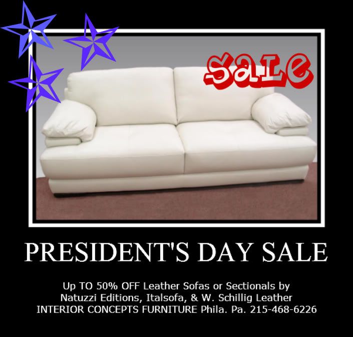 President's Day furniture Sales, Natuzzi Editions, Italsofa, w. Schillig leather sectionals, President's Day Furniture Sales, Natuzzi Editions, Italsofa, w. Schillig leather sectionals & sofas. Up to 50% Off Floor Sample Sale! Natuzzi Editions B636 white Leather sofa. White leather. INTERIOR CONCEPTS FURNITURE 215-468-6226.